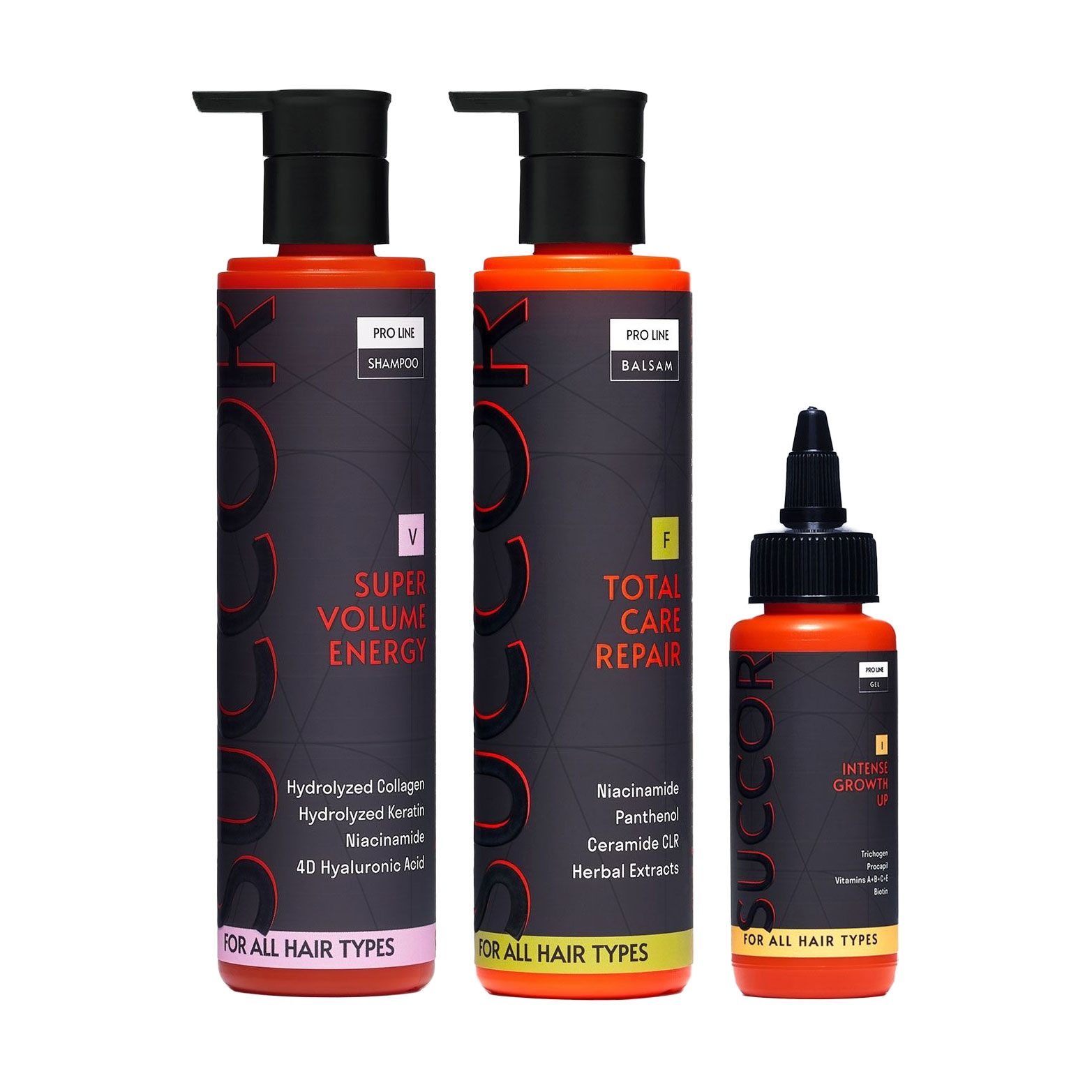 Набір для волосся Succor HairRise System Set (шампунь, 250 мл + бальзам, 250 мл + гель активатор росту, 60 мл)