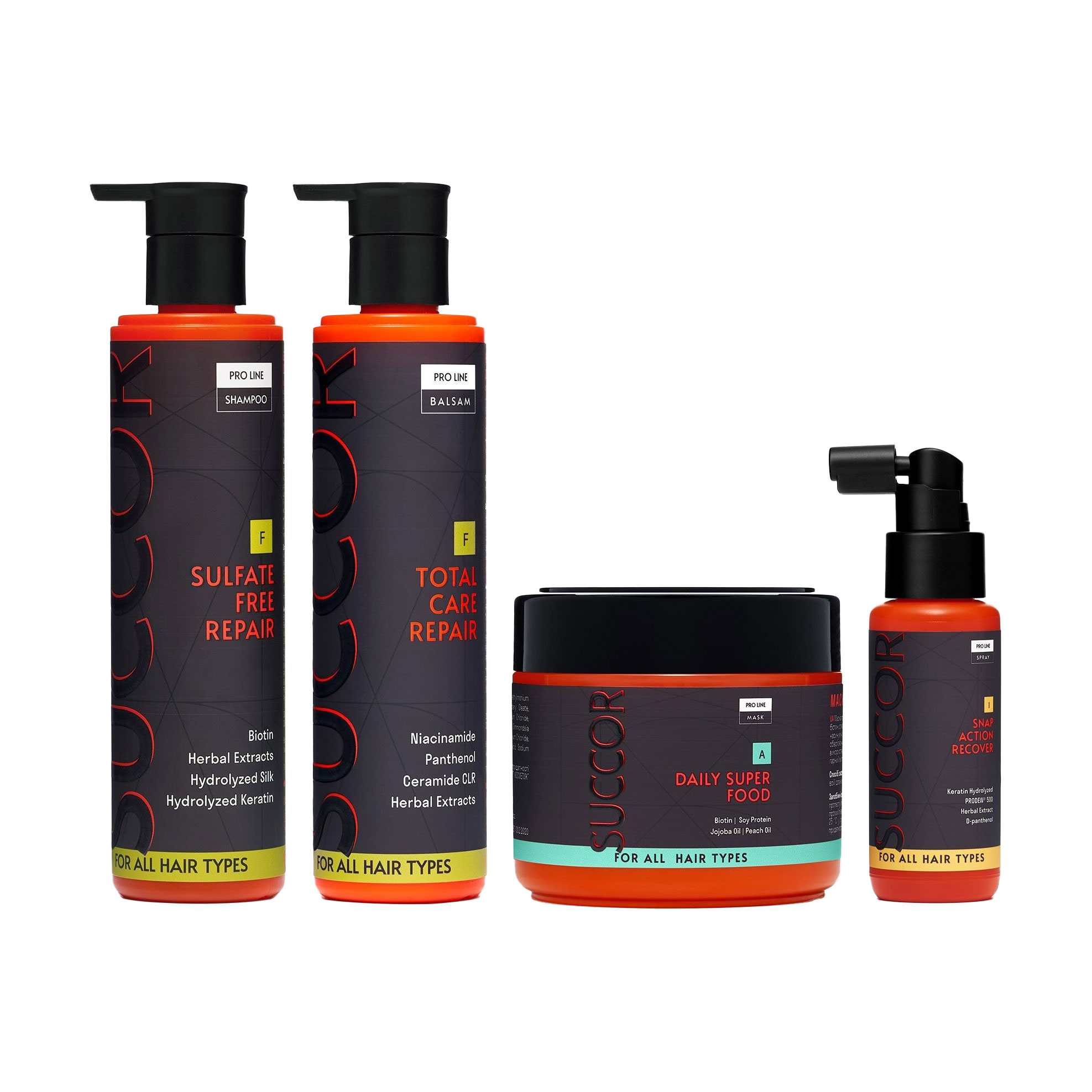 Набір для волосся Succor Soft Care Set (шампунь, 250 мл + бальзам, 250 мл + маска, 300 мл + спрей, 60 мл)